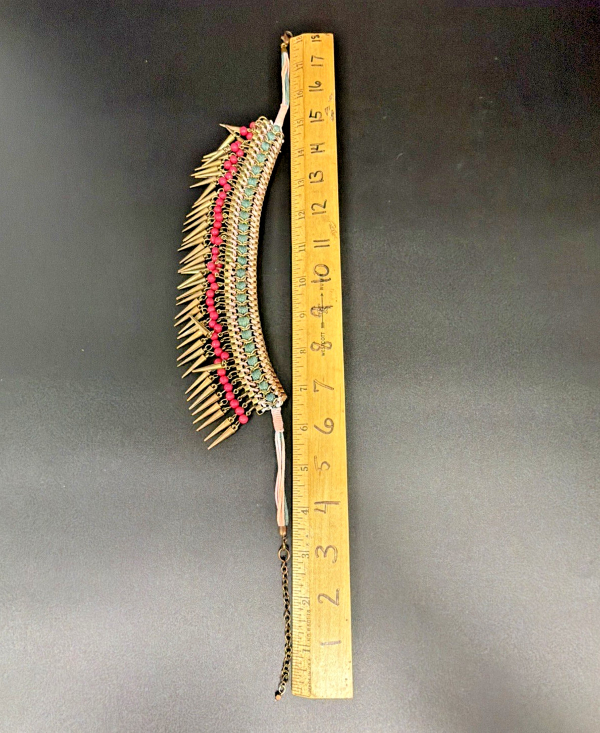 Vtg Egyptian-style Spiked BIB necklace W/ Copper Tone Spikes Pink & Green Beads