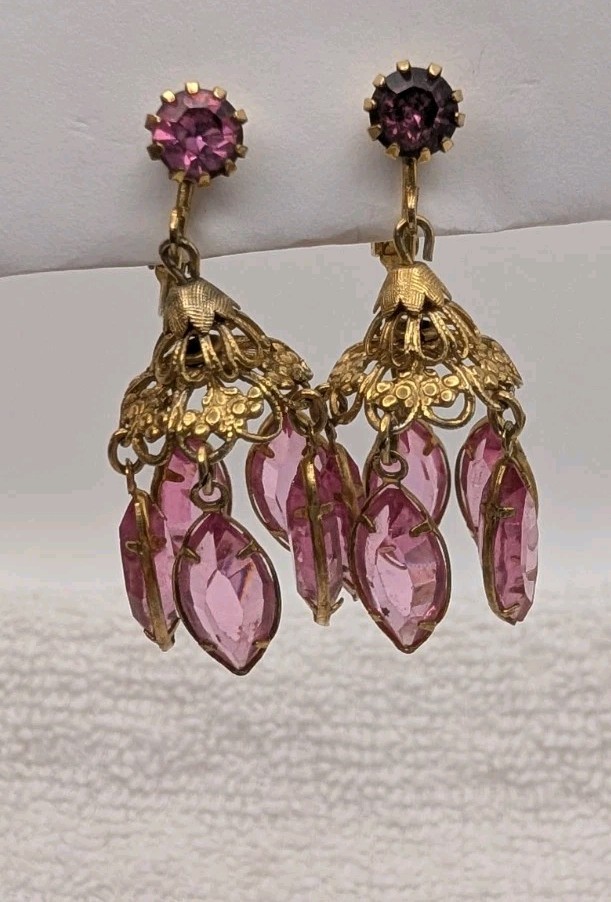 2 Vintage Chandelier Dangle Pink Glass – Blue Avon Clip-On Earrings