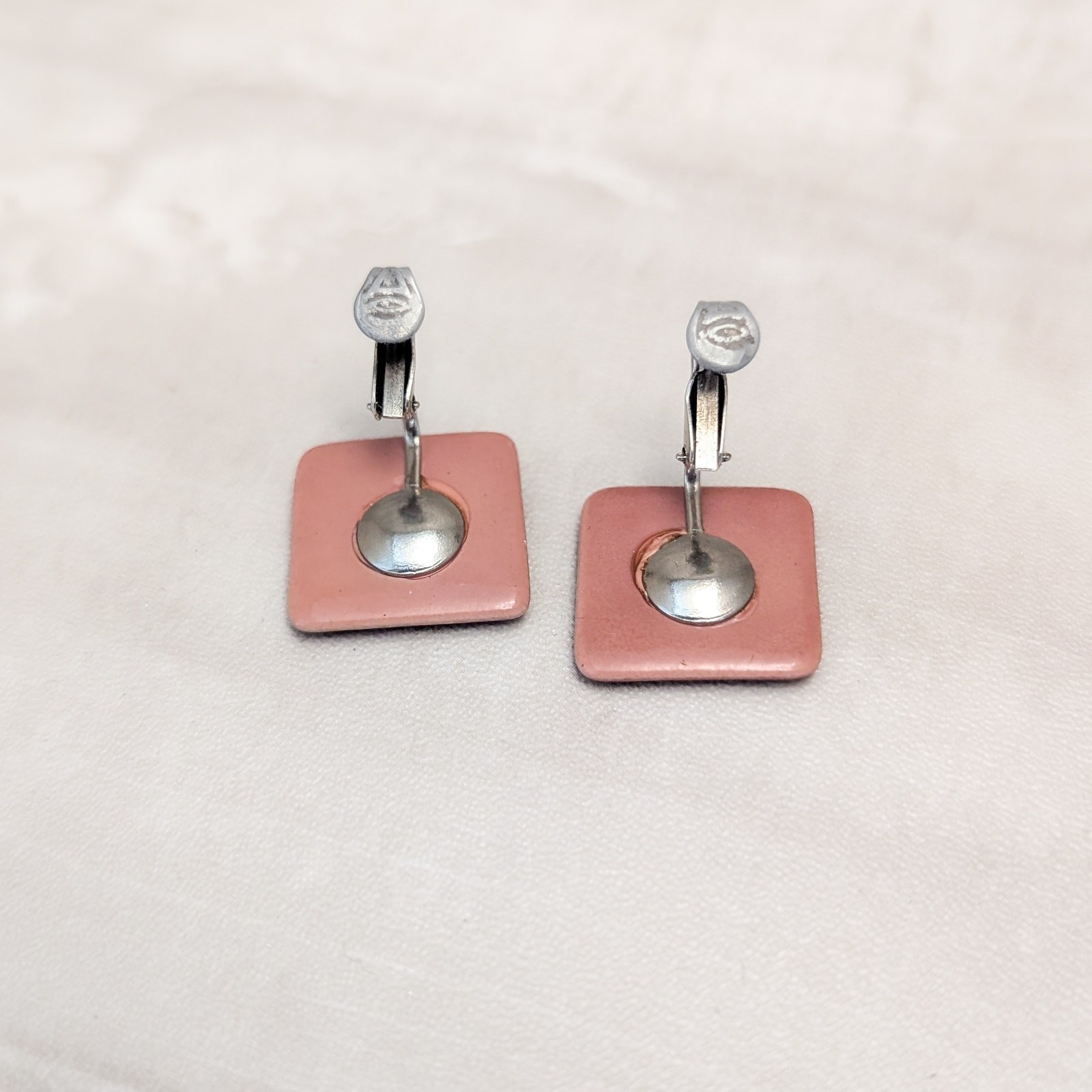 Vintage Clip On Earrings Light Brown with Pinkish Undertone Square Shape Retro