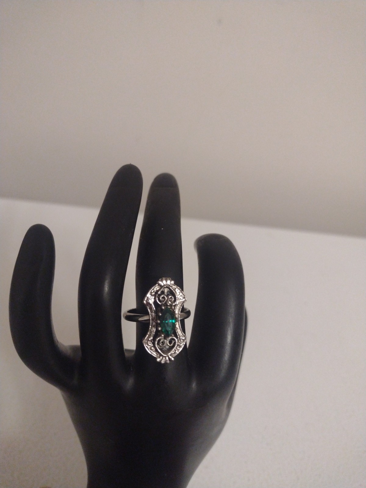 Vtg Vogue Art Deco Silver Tone Emerald Green Marquise Rhinestone Ring 6.5 & Adj