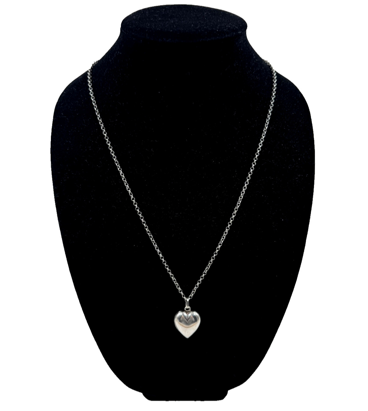 OLD VICTORIAN PUFFY HEART PENDANT ON ROUND LINKS CHAIN STERLING SILVER NECKLACE