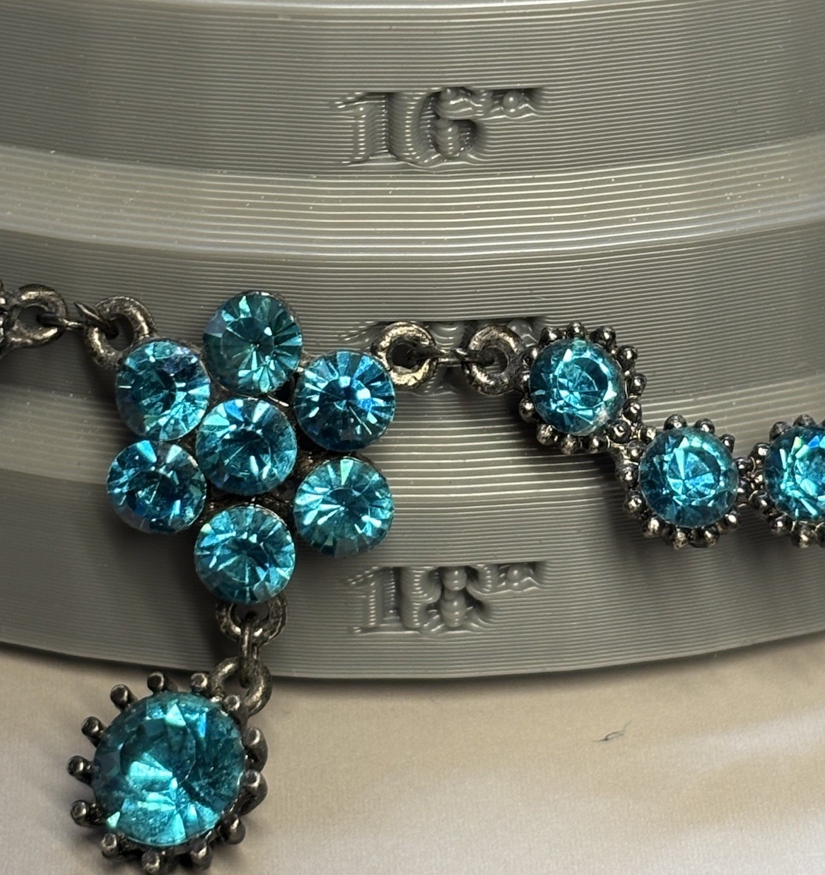 Vintage Austrian Crystal USA Signed Teal Gun Metal 16”