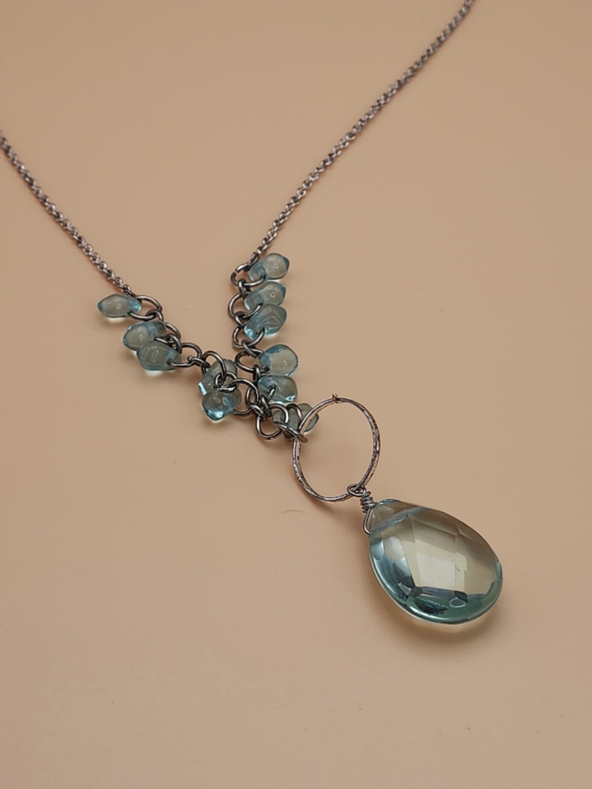 Vtg EXPRESS Signed Light Teal Shade Faceted Teardrop Pendant Necklace
