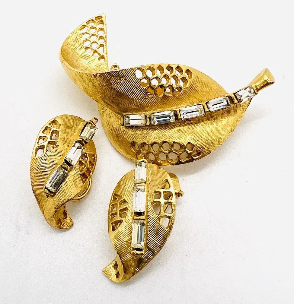 Brushed Gold Tone Clear Rhinestone Leaf Brooch & Earrings Demi Vintage Jewelry