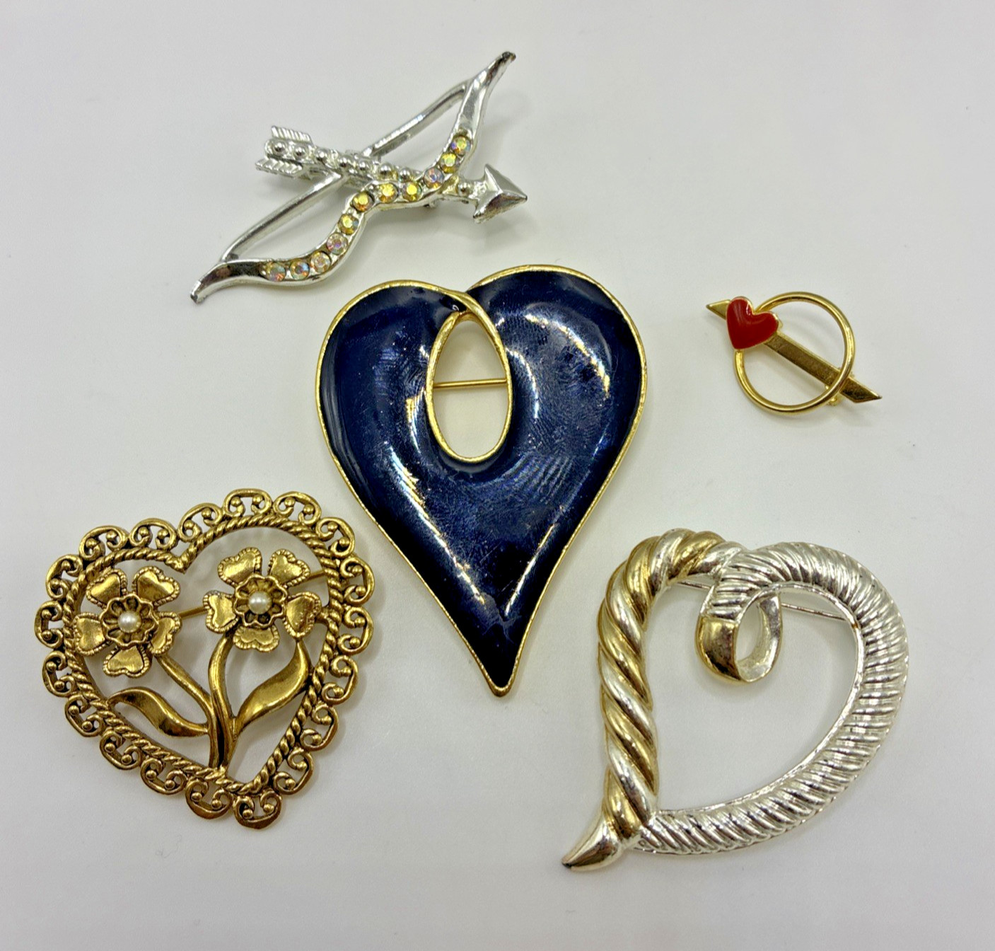 Brooch Lot Hearts Vintage Rhinestone Enamel Love Flowers Cottage Grandma Core