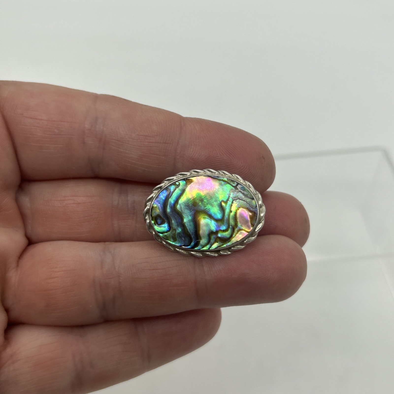 Vintage Paua Shell Sterling Silver Brooch 925 Oval Abalone Mother Of Pearl