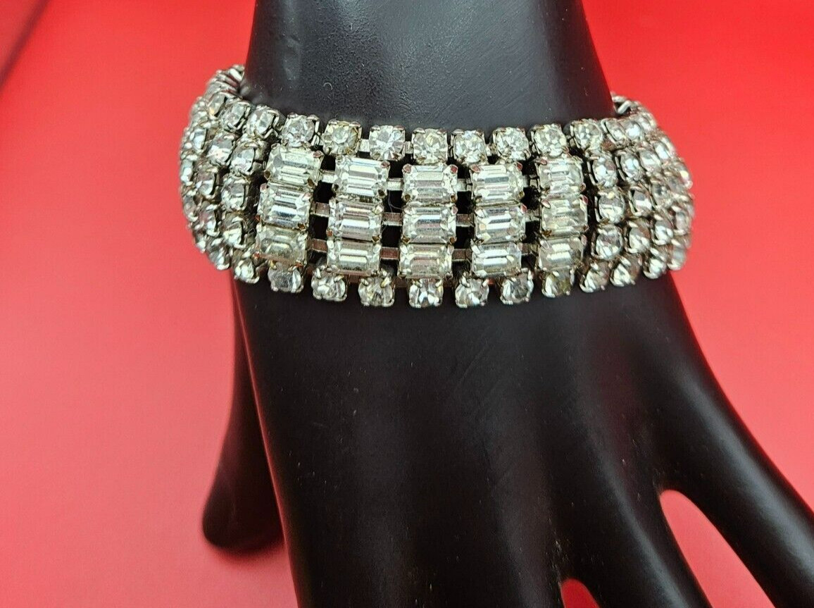 Signed WEISS Five Row ART DECO Emerald Cut and Round Clear Rhinestone Bracelet