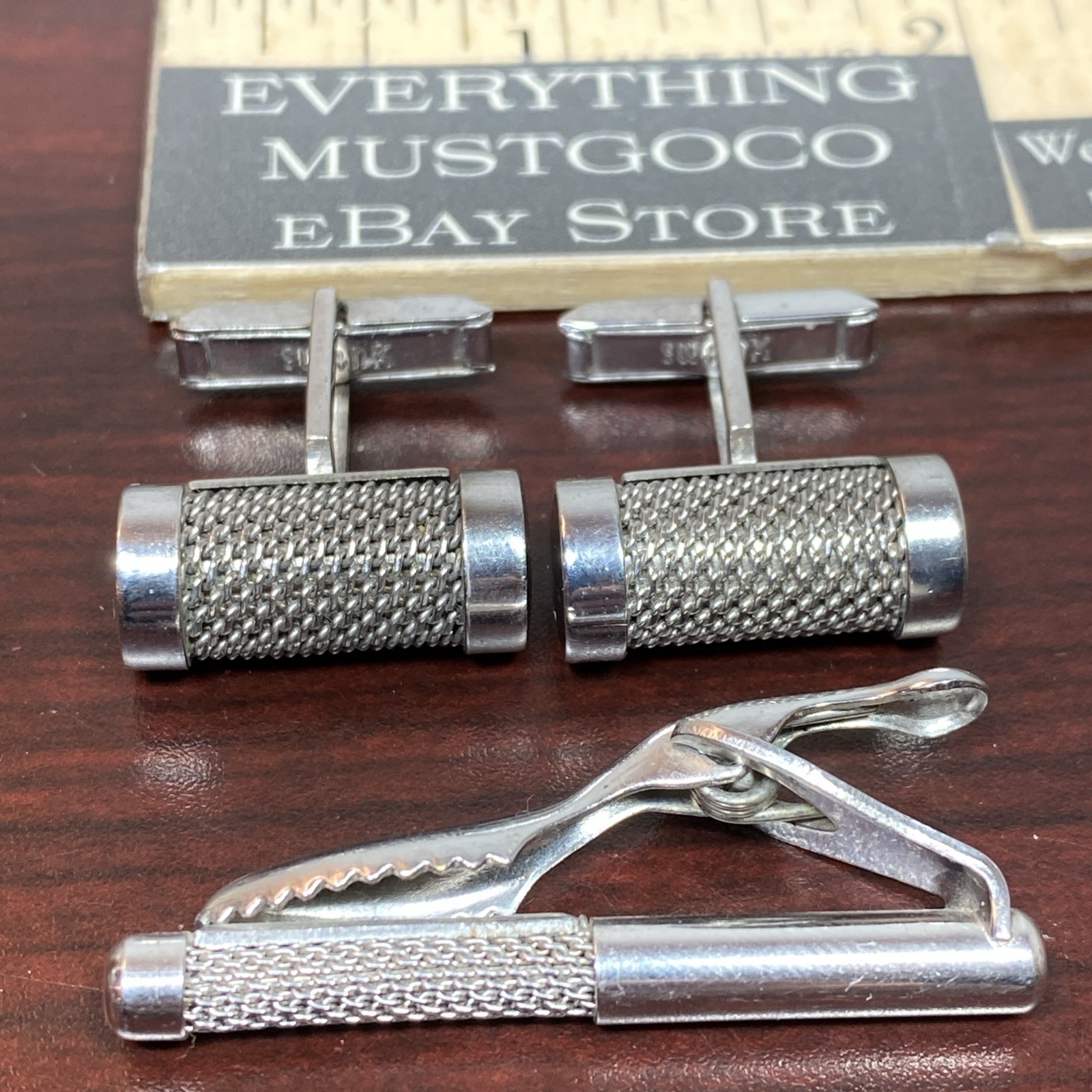 Vtg Round MESH Swank Cuff Links Tie Clip Bar Set (LOOKS LIKE A RETRO MICROPHONE)