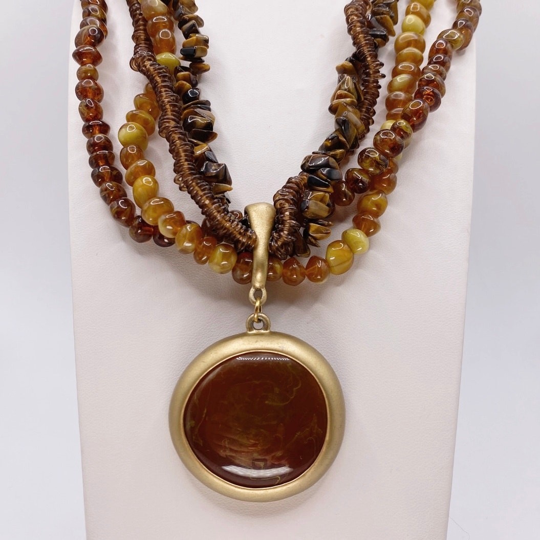 Vintage Amber Tone Lucite MultiStrand Necklace with Cabochon Pendant