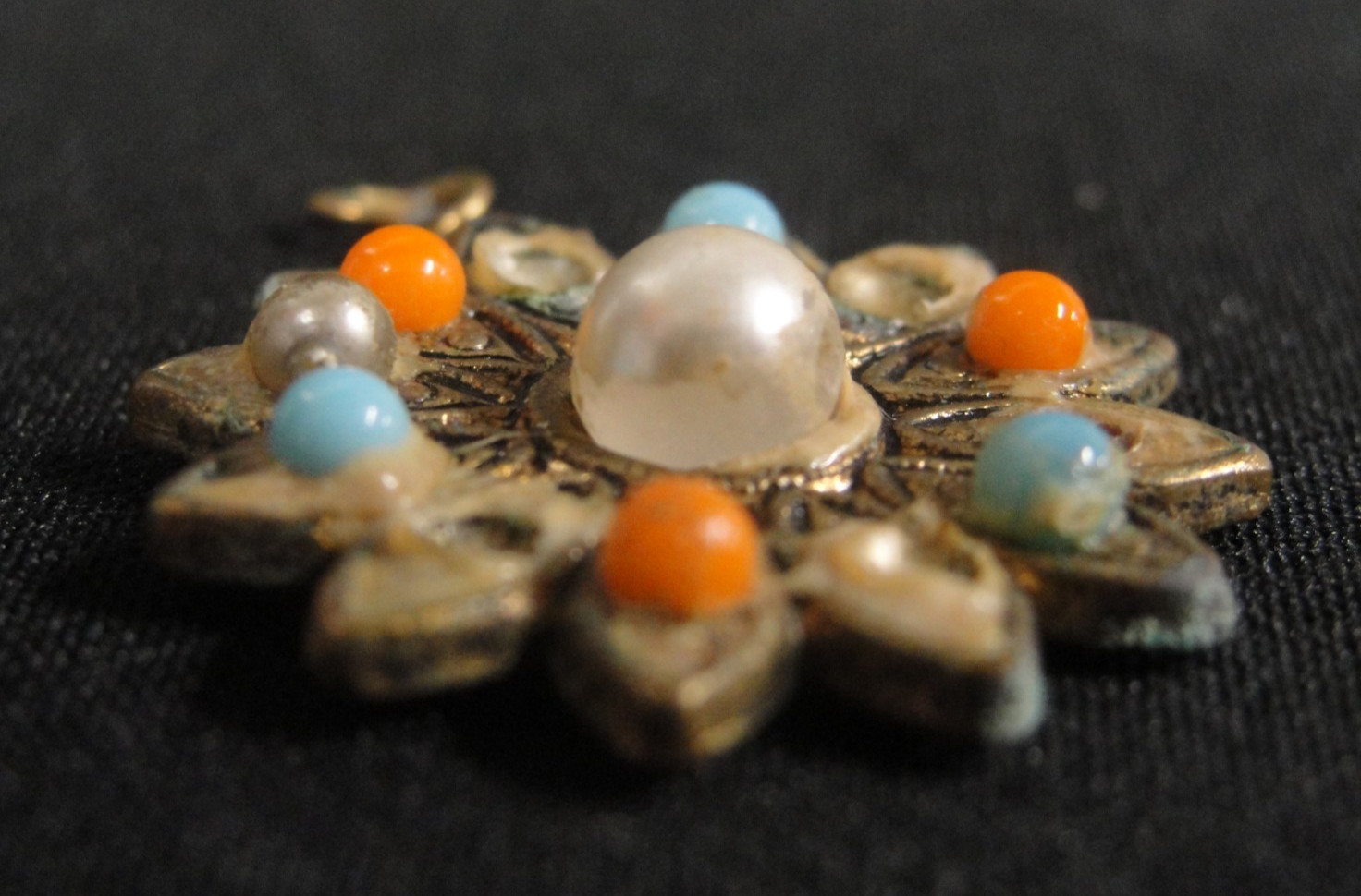 Vintage Flower Shaped Pendant Charm w/ Beads Some Missing