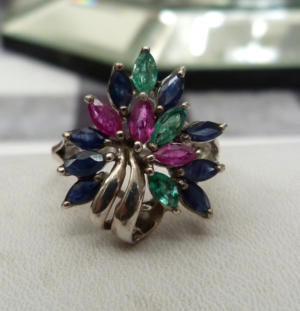 DESIGNER SIGNED EMERALD SAPPHIRE RUBY GEMSTONES STERLING SILVER RING SIZE 9