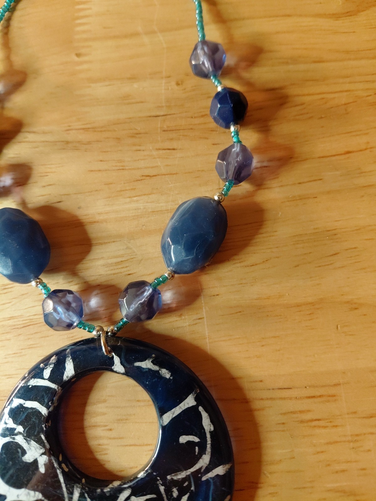 Blue Acrylic & Glass Bead Pendant Necklace – Handbeaded – 15″