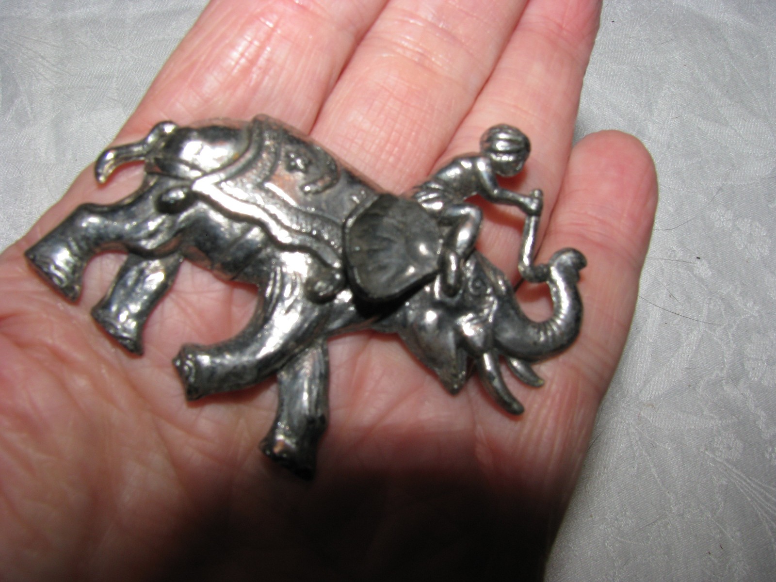 VTG Silver Metal Man Riding An Elephant Pins/Brooches Marked “C” on Back