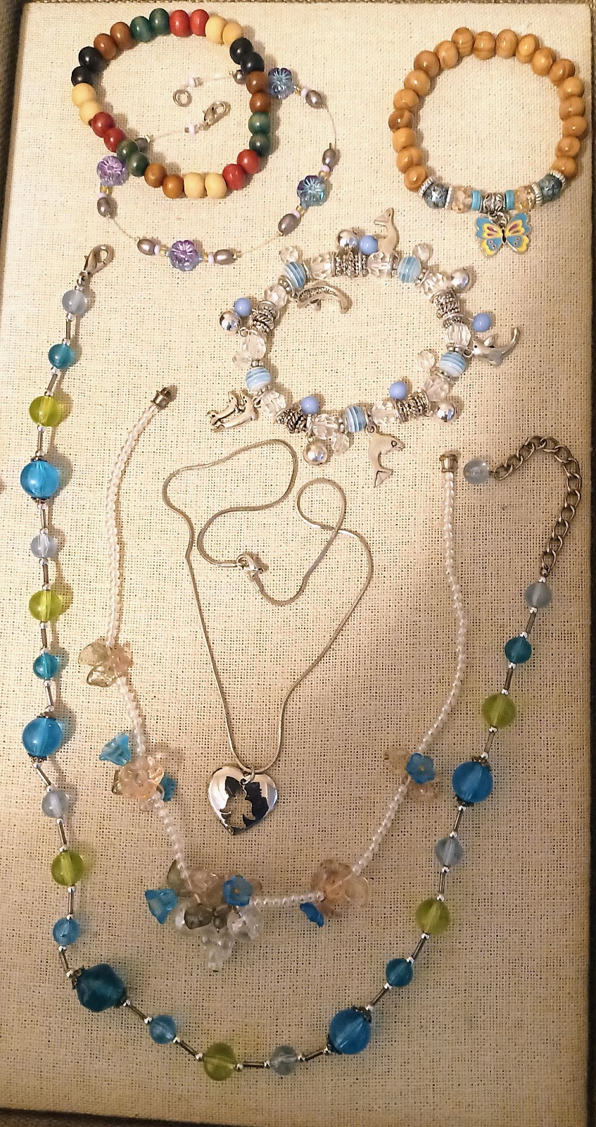 Vintage & Modern Blue Green And Clear Bead Costume Jewelry Lot Of 7 Pieces