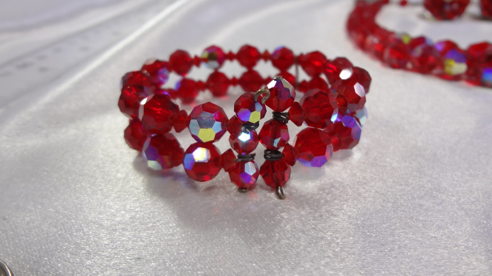 Vtg C: Late 1950’s AB Red Faceted Glass 2 Strand Necklace Bracelet Earrings Set!