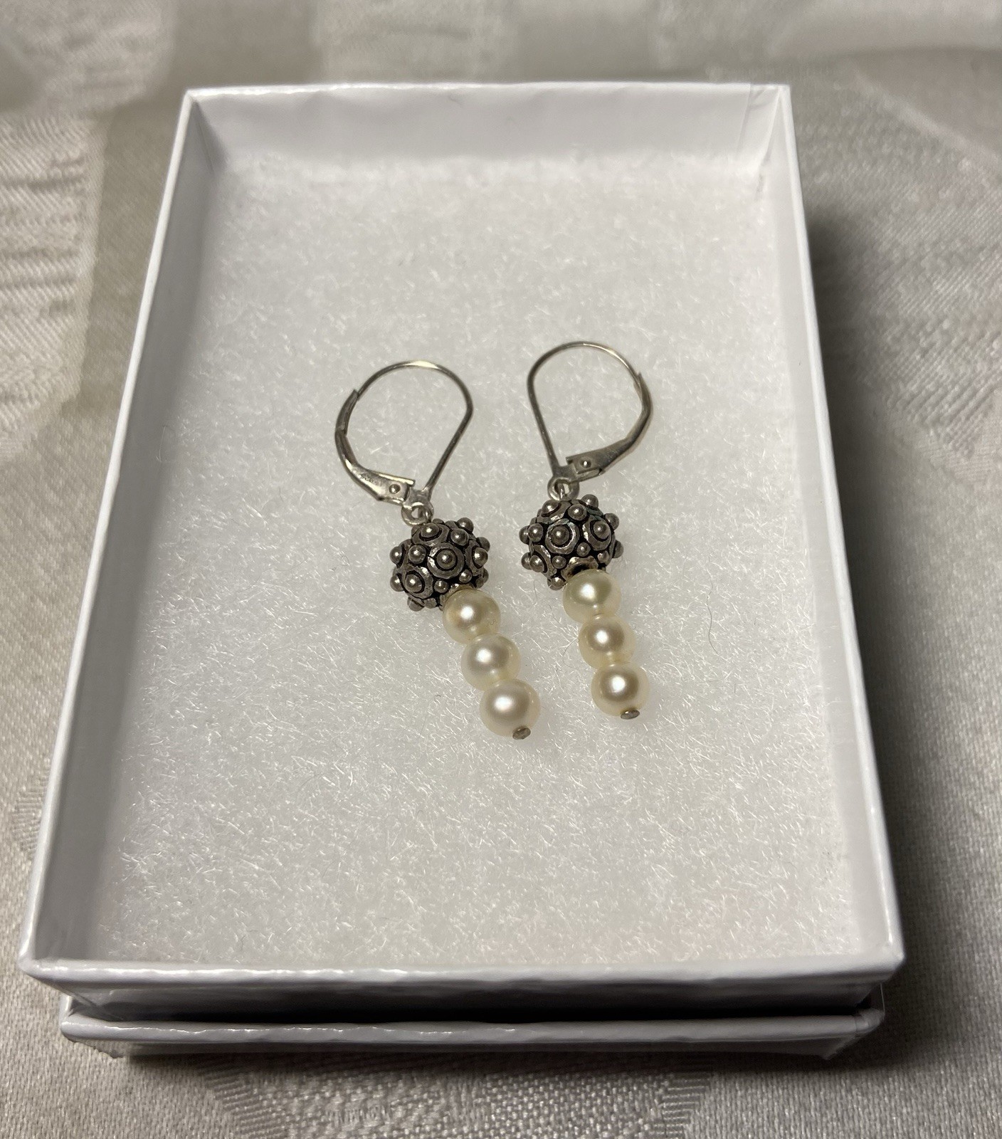 Vintage 925 Sterling Silver Pearl Dangle Earrings Bali Style Leverback 3/4″