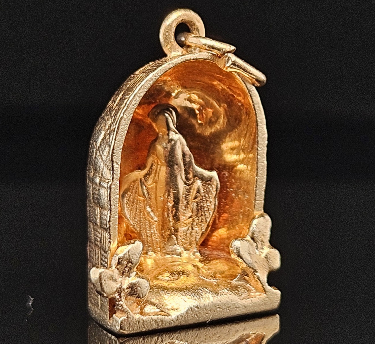 14K Gold OUR LADY OF LOURDES MEDAL VIRGIN MARY Charm Pendant Religious Grotto