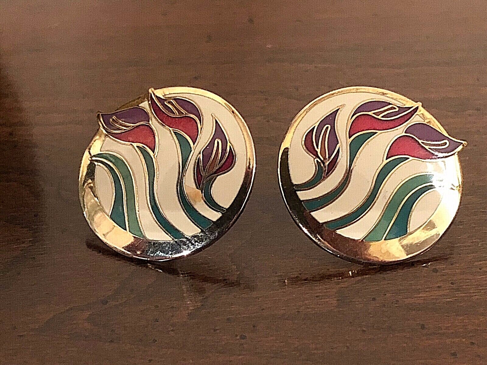 Laurel Burch LILIES FOR LES White Rose Purple Green, Gold tone Earrings post