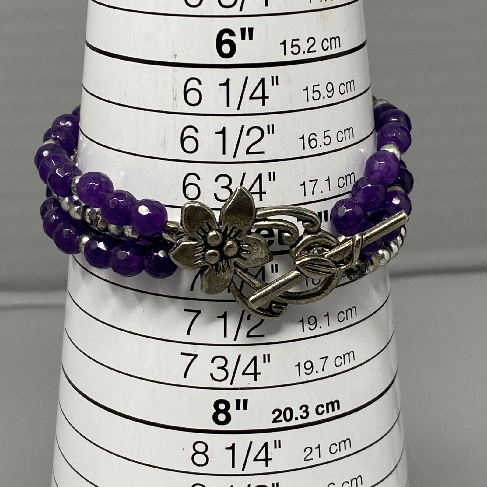 Amethyst Bracelet Purple Gemstone Faceted Stone Beads Layered Flower Toggle 6.75