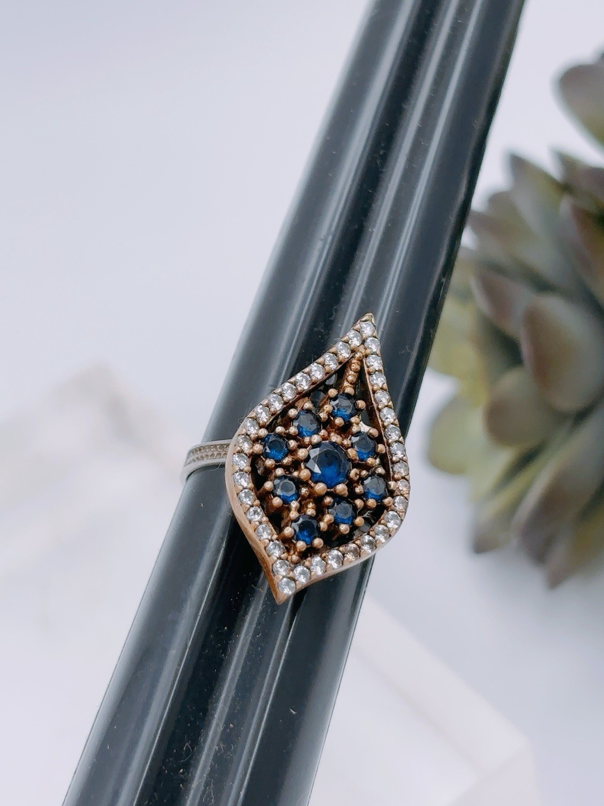 Sterling Silver 925 Turkish Rhombus Iolite Stone Ring Sz 8 Antique Unique