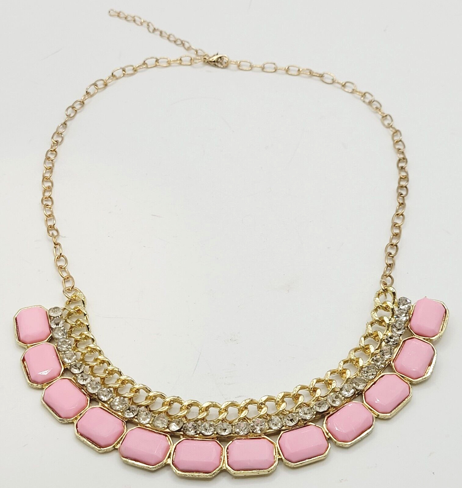 Fancy Rhinestone & Pink Acrylic with Milkglass Style Vintage Gold Tone Necklace