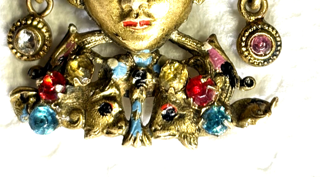 Antique Czech Art Deco Bohemian Glass Filigree Enamel Brooch Turban Sultan 1920s