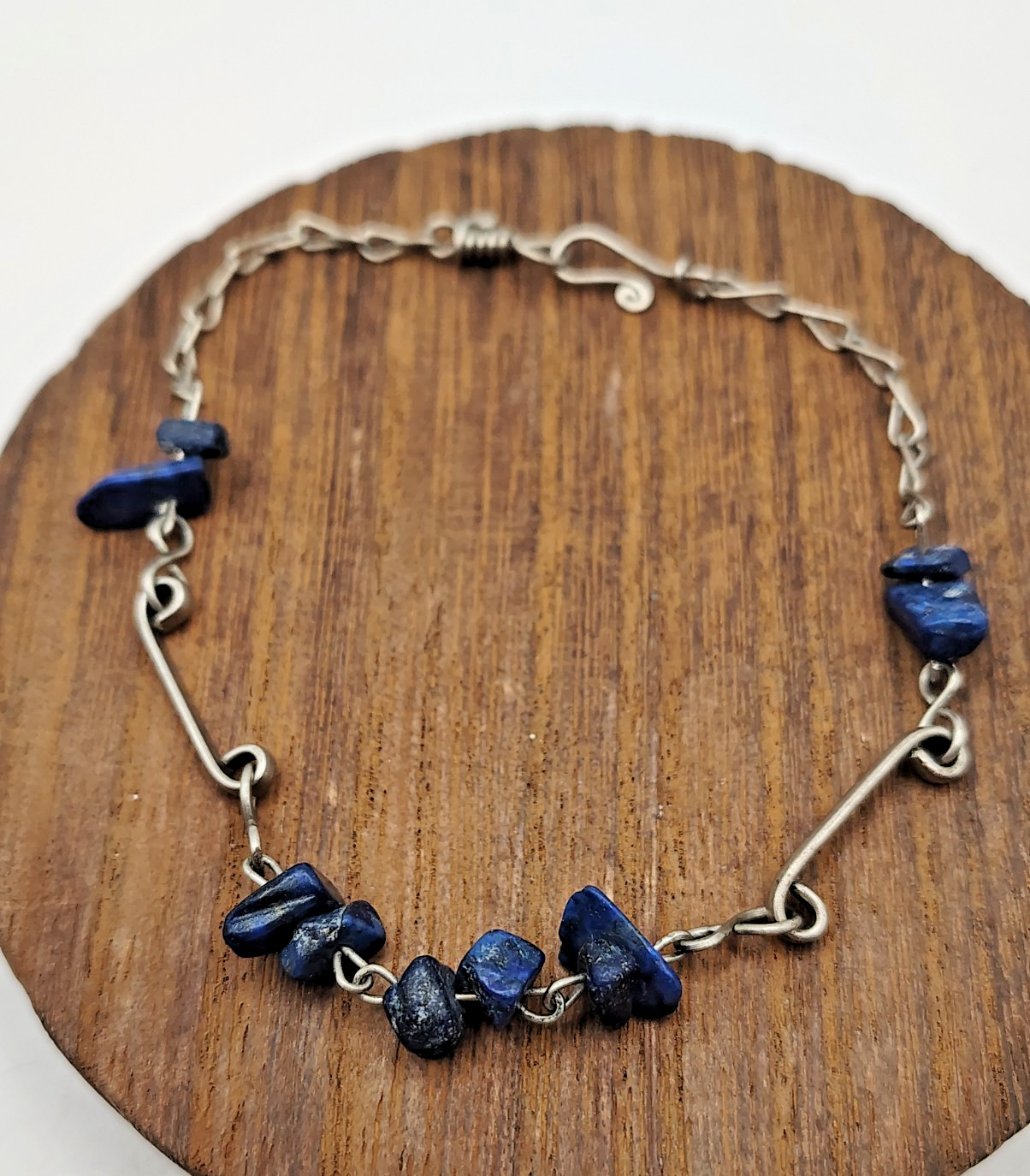 Vintage Iolite Lapis Lazuli Gemstone Beads Artisan Chain Bracelet Hook Clasp 8″