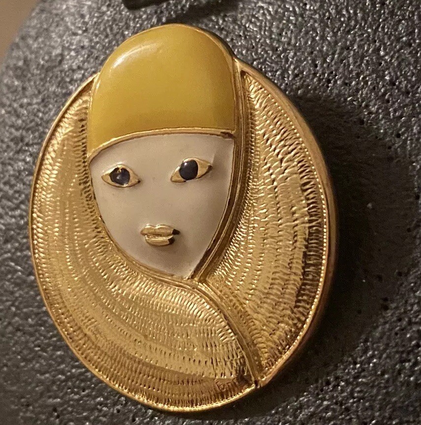 Vtg Signed Orena PARIS Retro Enameled Art Deco French Woman Gold Tone Brooch Pin