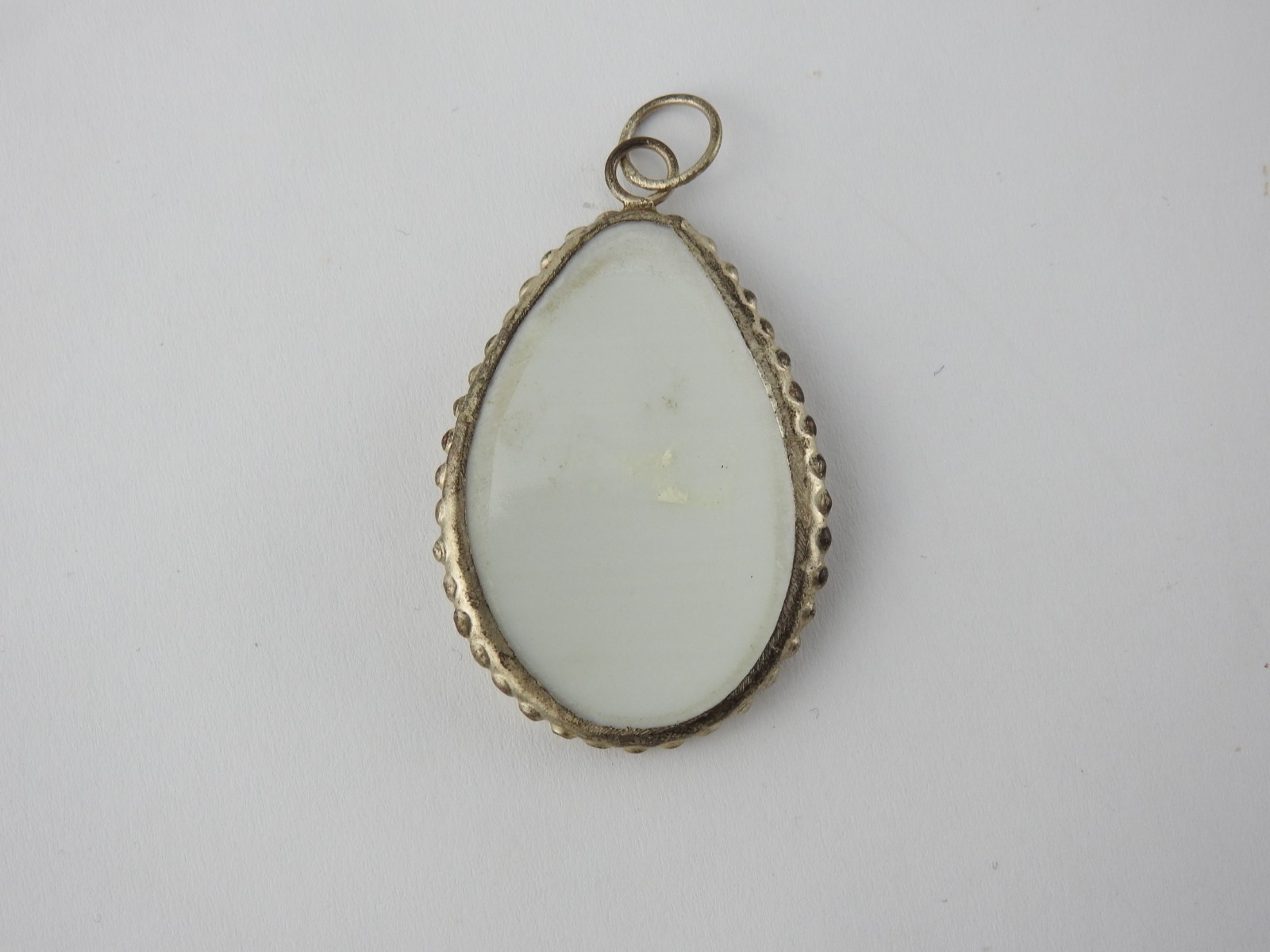 Vintage Hand Painted Porcelain Bird Pendant Teardrop Silver Tone Frame Art Deco