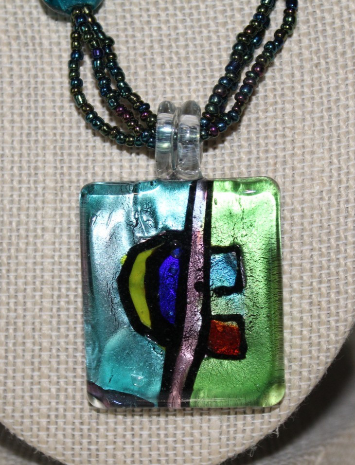 VTG HAND MADE FUSED GLASS PENDANT NECKLACE+DANGLE HOOKS TEAL&DESIGN