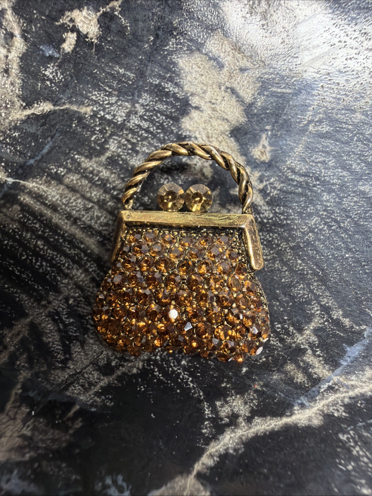 Vintage Enamel Brooch | Pin Purse Rhinestone Topaz Color Petite