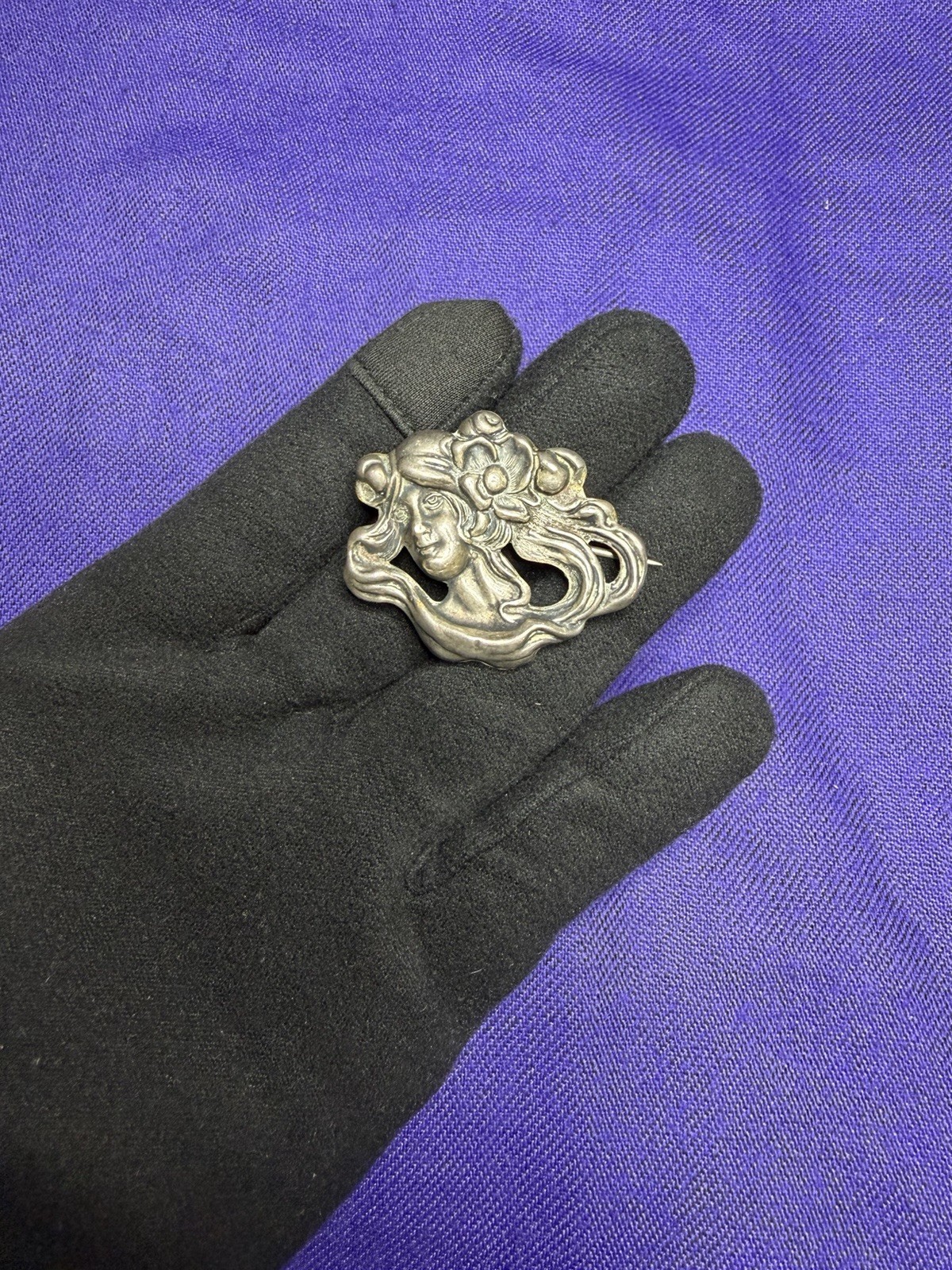 Antique Art Nouveau Sterling Top Lady Portrait Brooch Pin Floral Hair