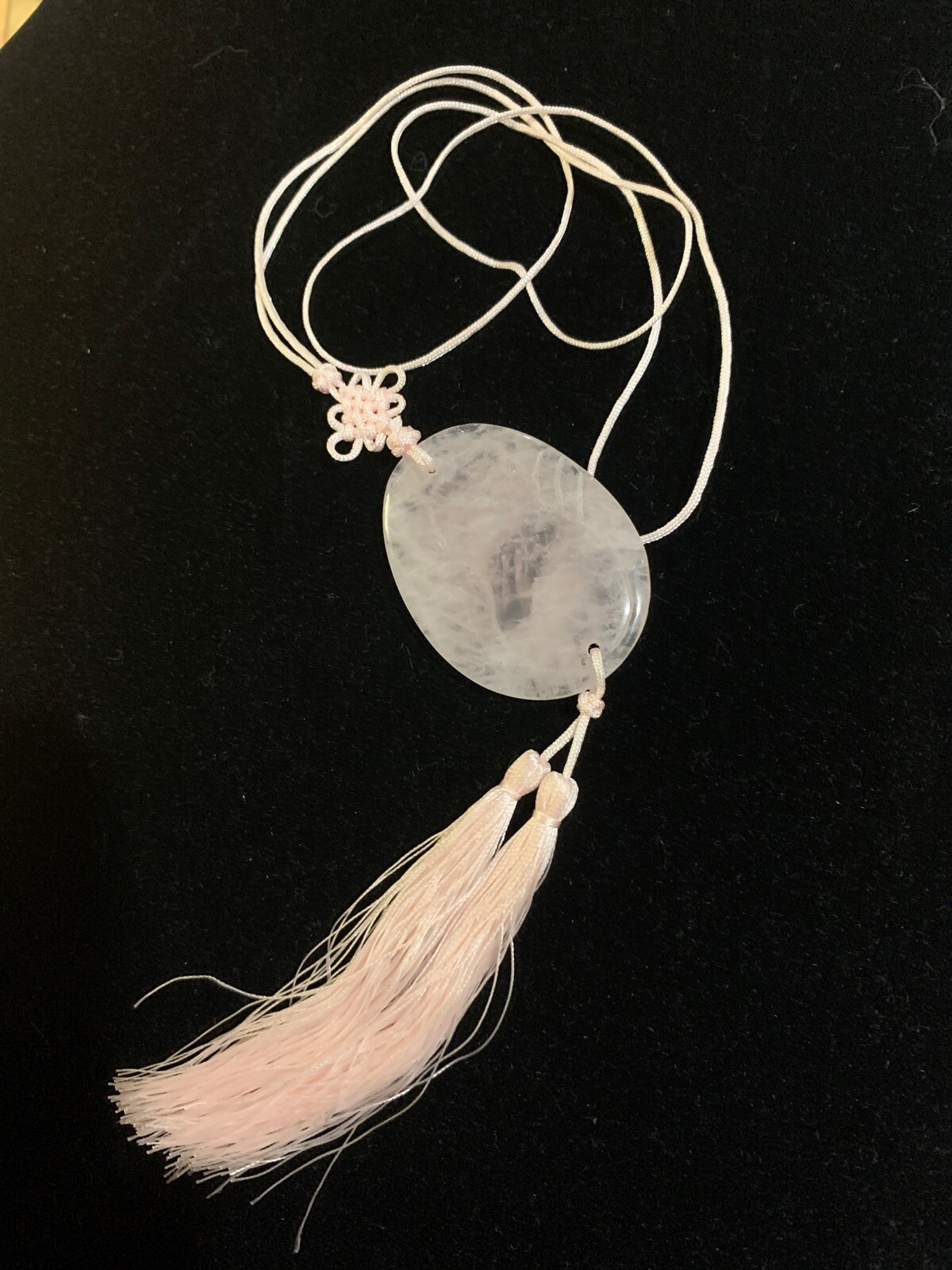 21″ VINTAGE CHINESE EXPORT CARVED PINK ROSE QUARTZ TASSEL PENDANT NECKLACE