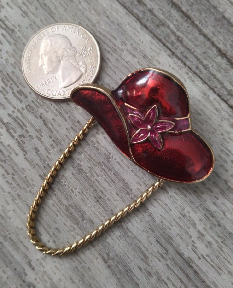 Vintage Red Enamel Hat Brooch Pin Gold Tone 1950s Flower Gold Tone