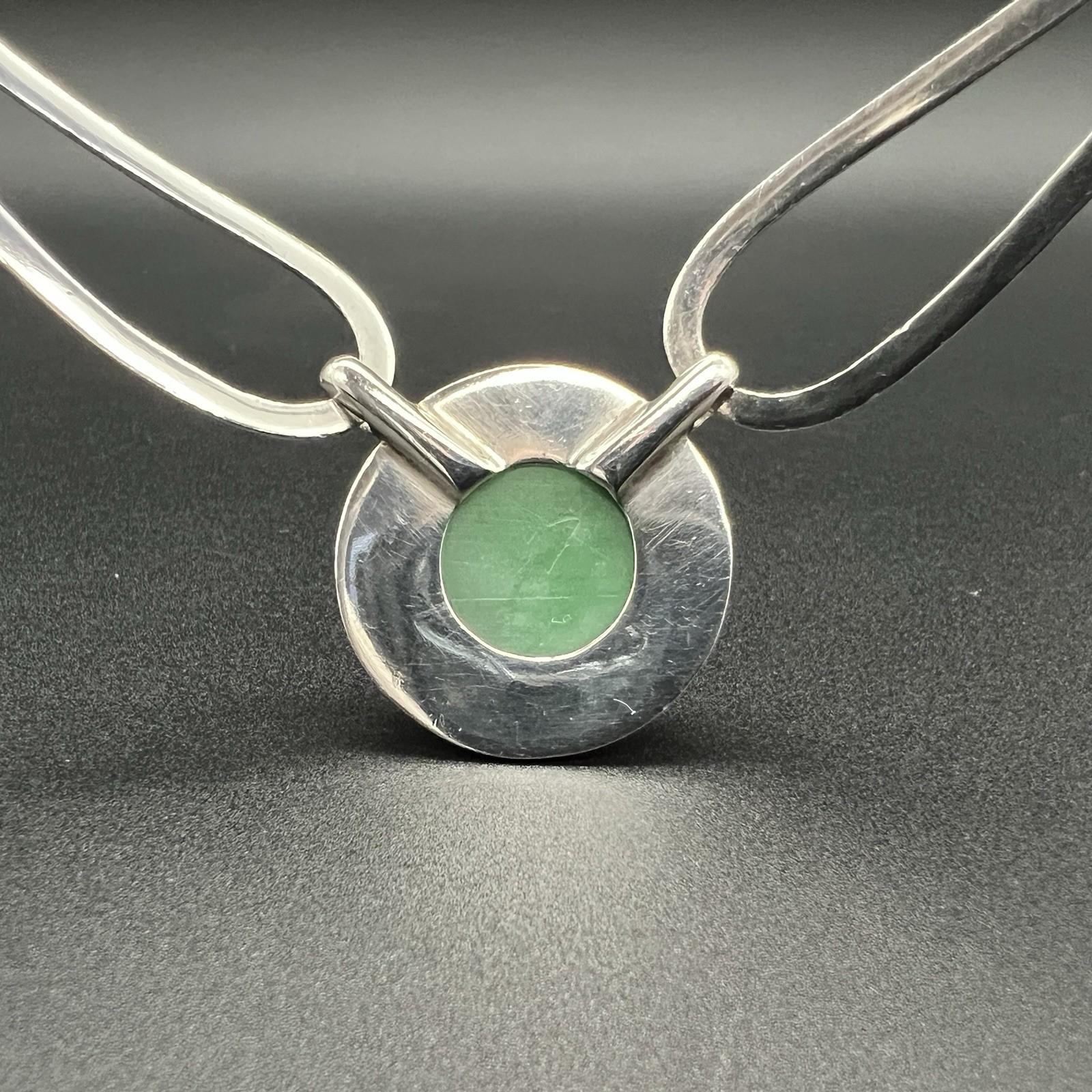 Vintage Carved Green Jade Modernist Sterling Silver Choker Collar Necklace 44g