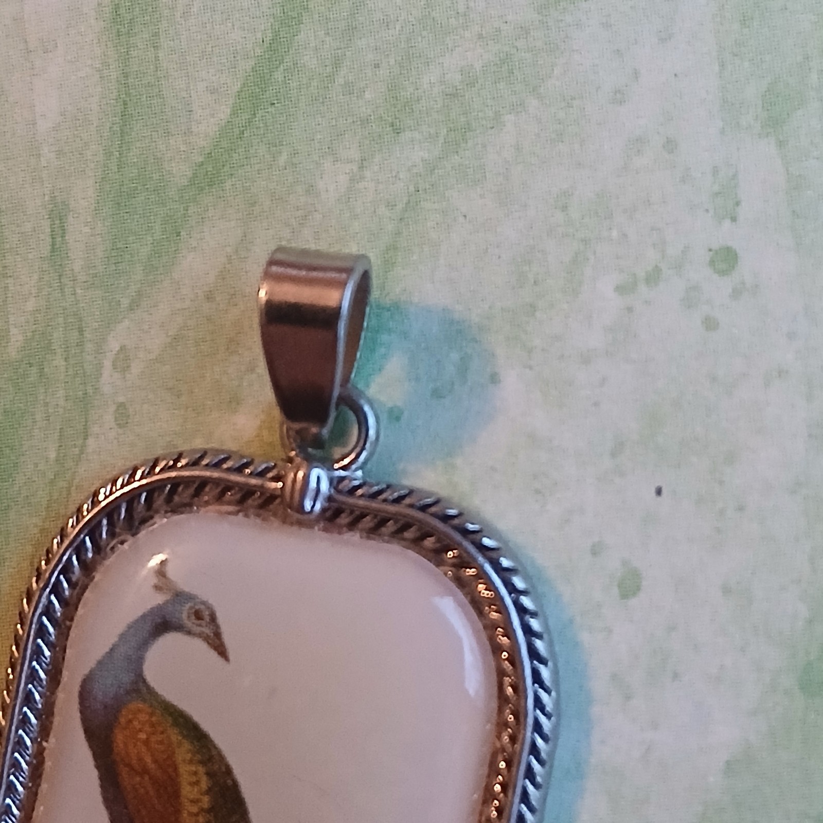 Vintage Pretty Peacock Bird Pendant Ceramic Rectangle Silver Tone 1 × 2 Inches