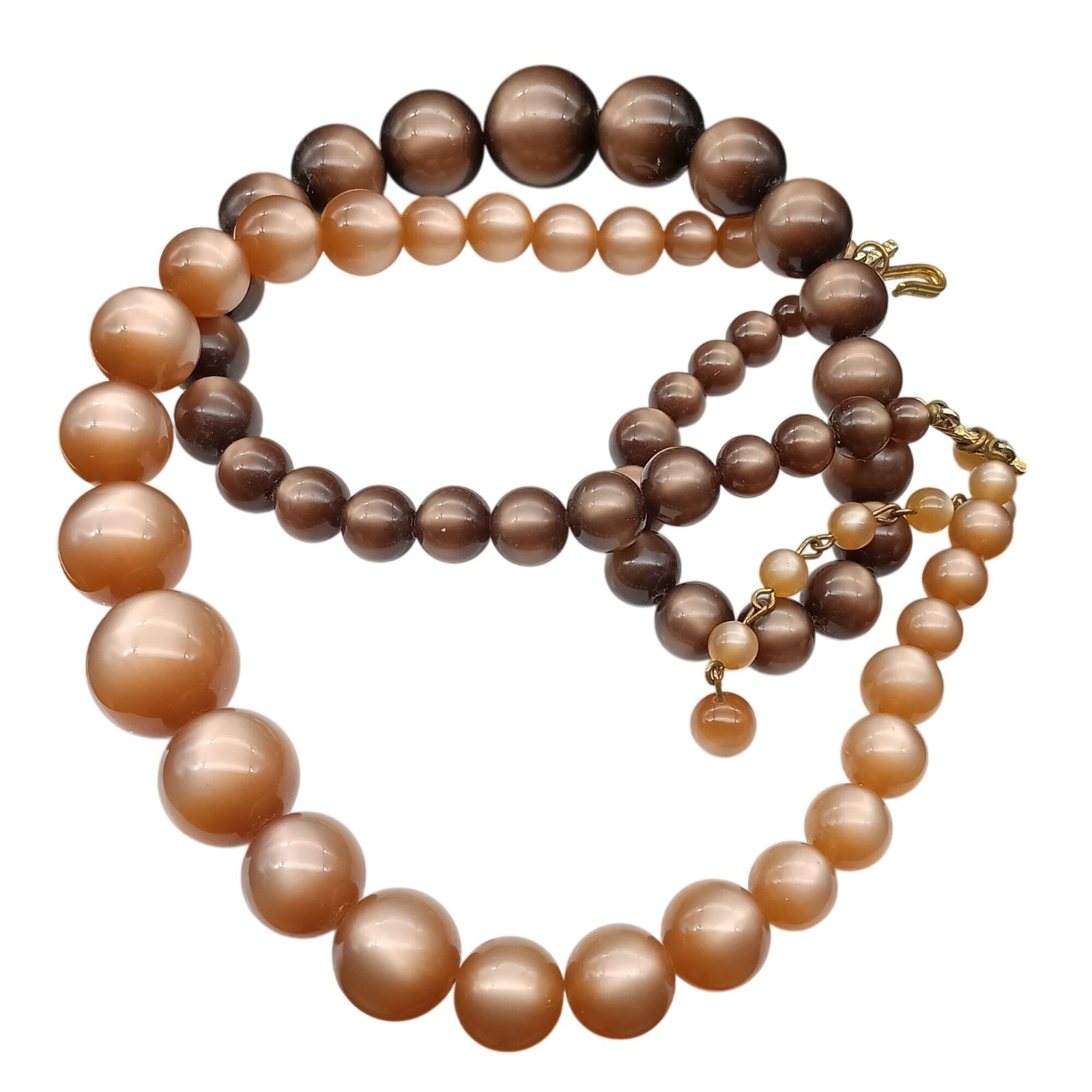 Vintage Two-Strand Brown & Peach Moonglow Beaded Necklace with Gold-Tone Clasp