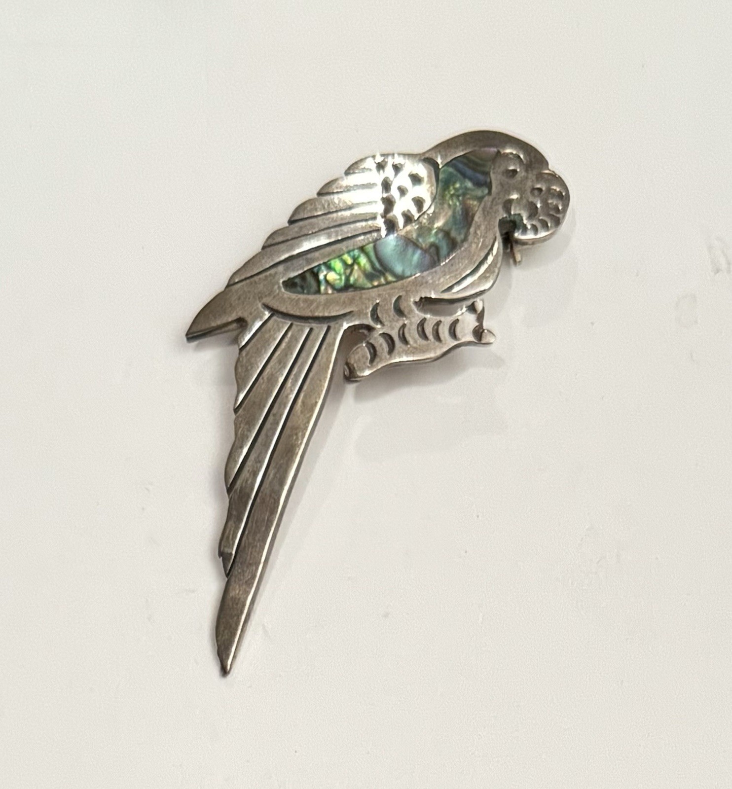 Vintage 925 Silver Abalone Paua Shell Inlaid PARROT BROOCH 2.5”