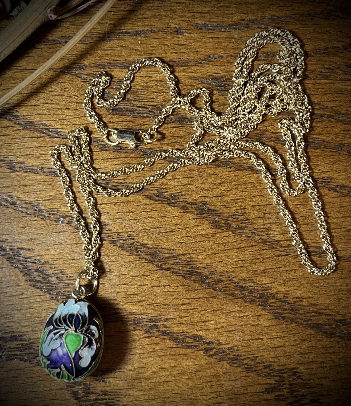 Vintage white purple green cloisonné egg pendant Necklace s925 sterling silver
