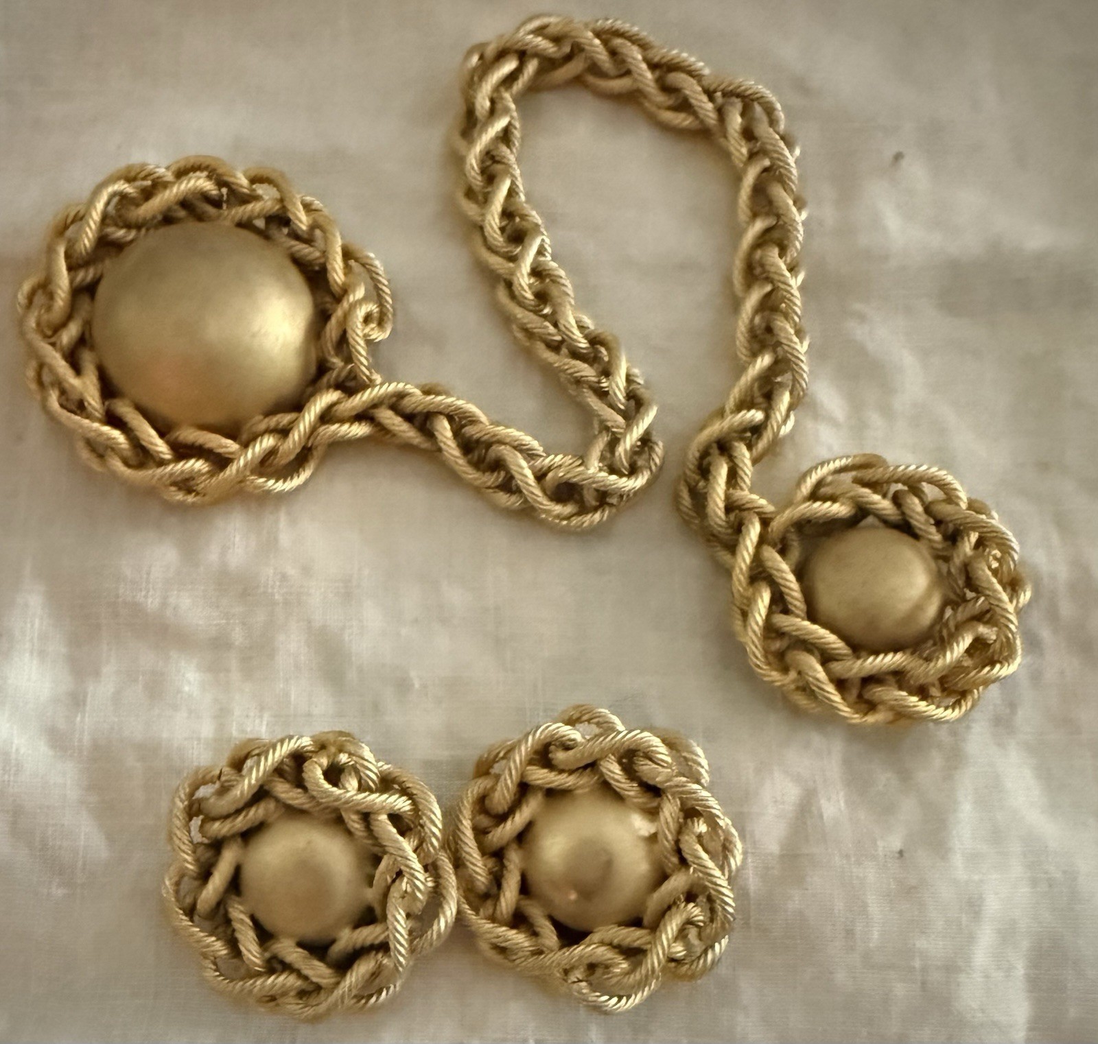 Vintage Chatelaine Brooch Lot Of Gold Tone Neckalce Earrings Twist Chain Domed