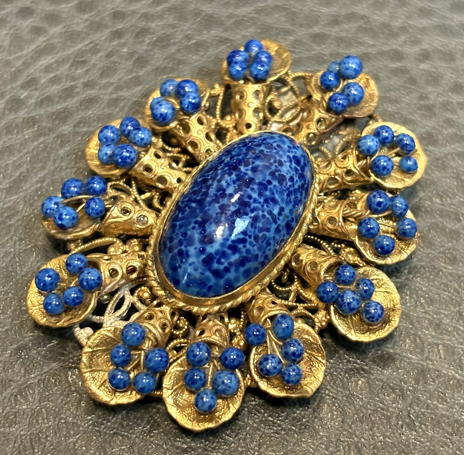 Vintage Large Faux Lapis Wire Beads Gold Tone Filigree Fur Clip Brooch
