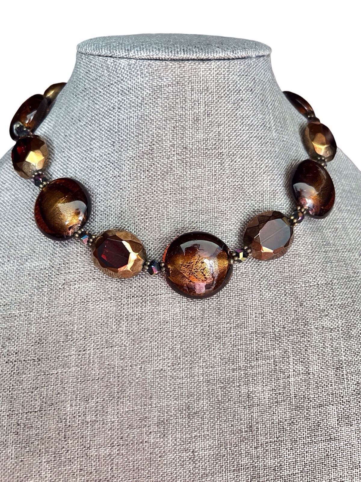 Signed Art Glass Bead Neckllace Nena N Black Gold Foil Faceted Red AB Accent WB