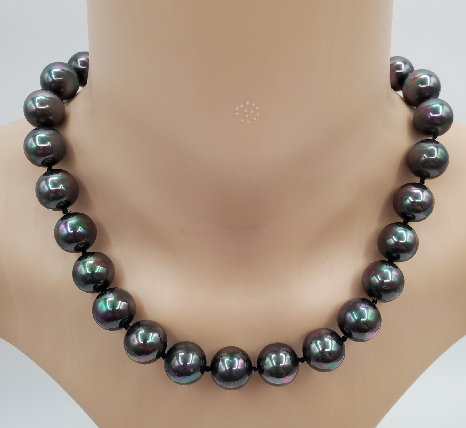 VTG 925 Vermeil Peacock Faux Pearl Necklace 12mm Gray Green Purple Hand Knotted