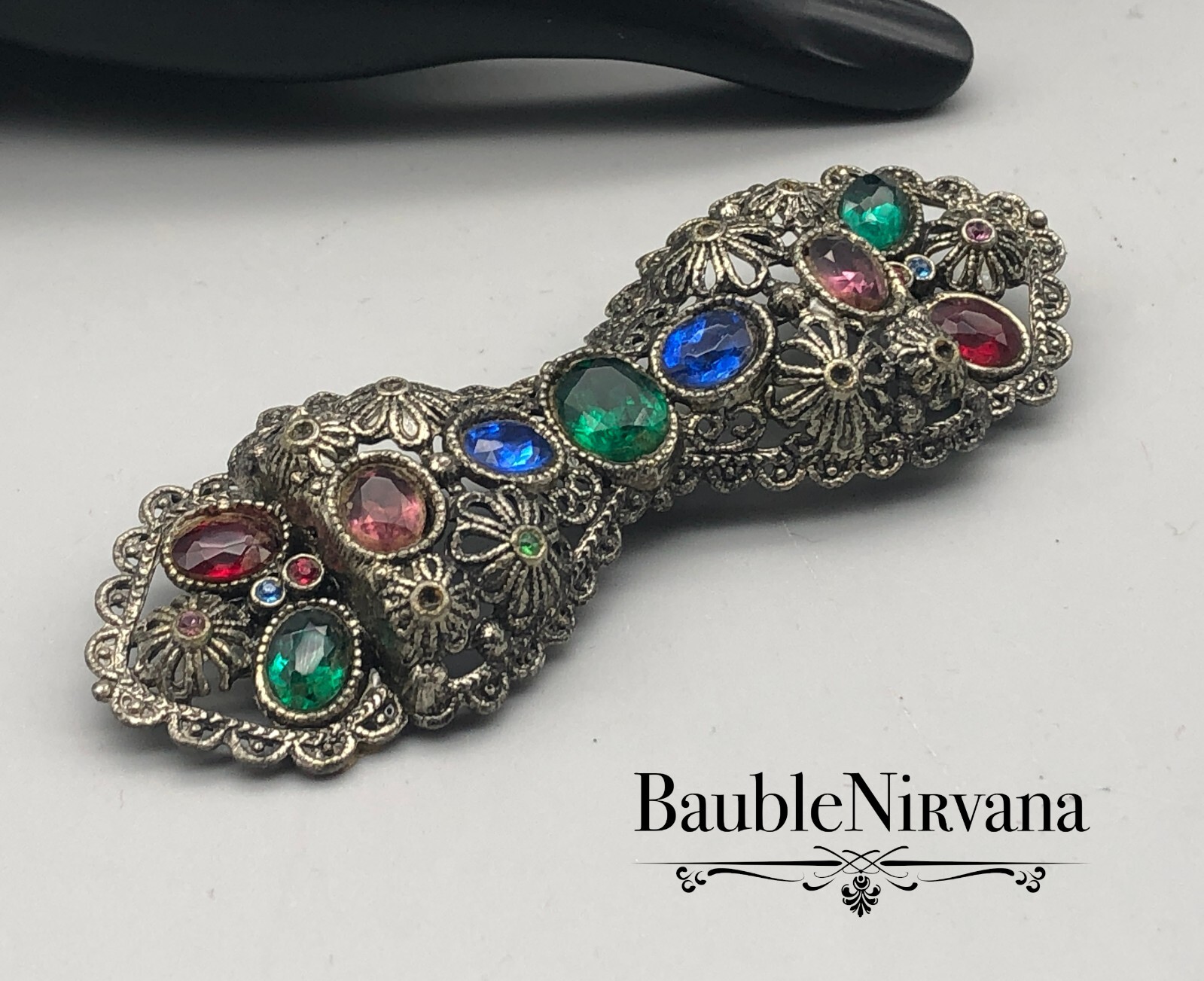 Vintage Silver Flowers Filigree Multi Color Jeweled Glass Stones Bow Pin Brooch