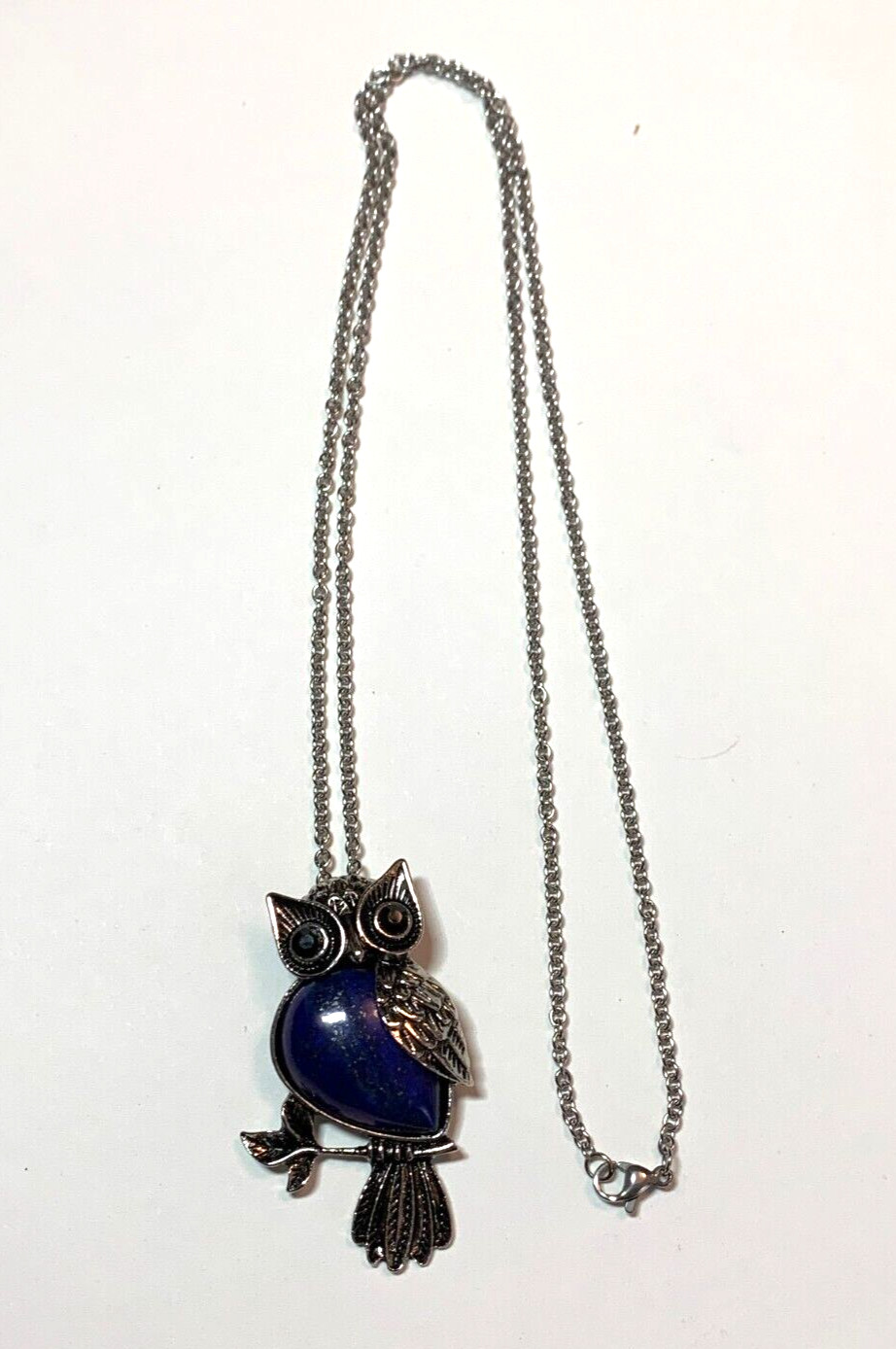 Lapis Lazuli Owl Pendant Glass Rhinestone Eyes Stainless Steel Chain Necklace