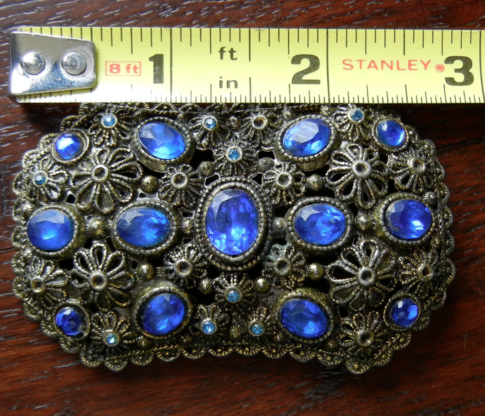 Vintage Filigree Brooch Pin Signed NE (New England Glass Works) Blue Rhinestones