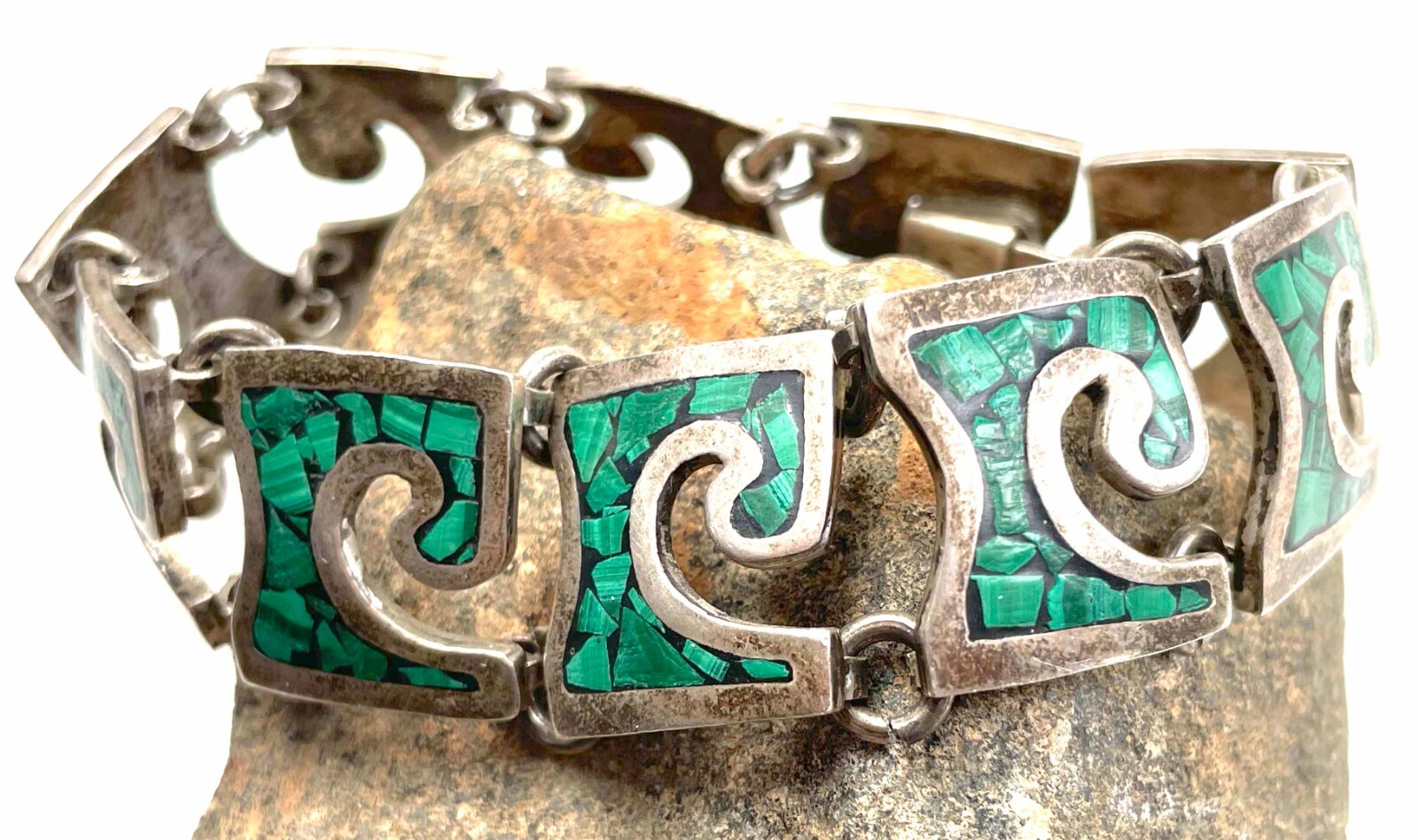 VTG Mexico Bracelet Sterling Malachite Chip Large Wrists 8″ 64g Modernist 1940s