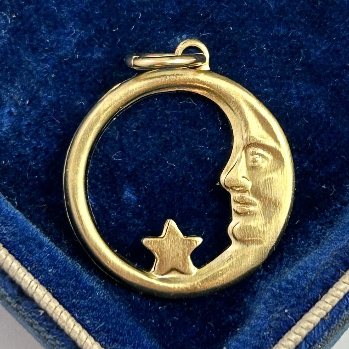 Vintage Charm Pendant Man In Crescent Moon Star Brass Metal Smaller Size