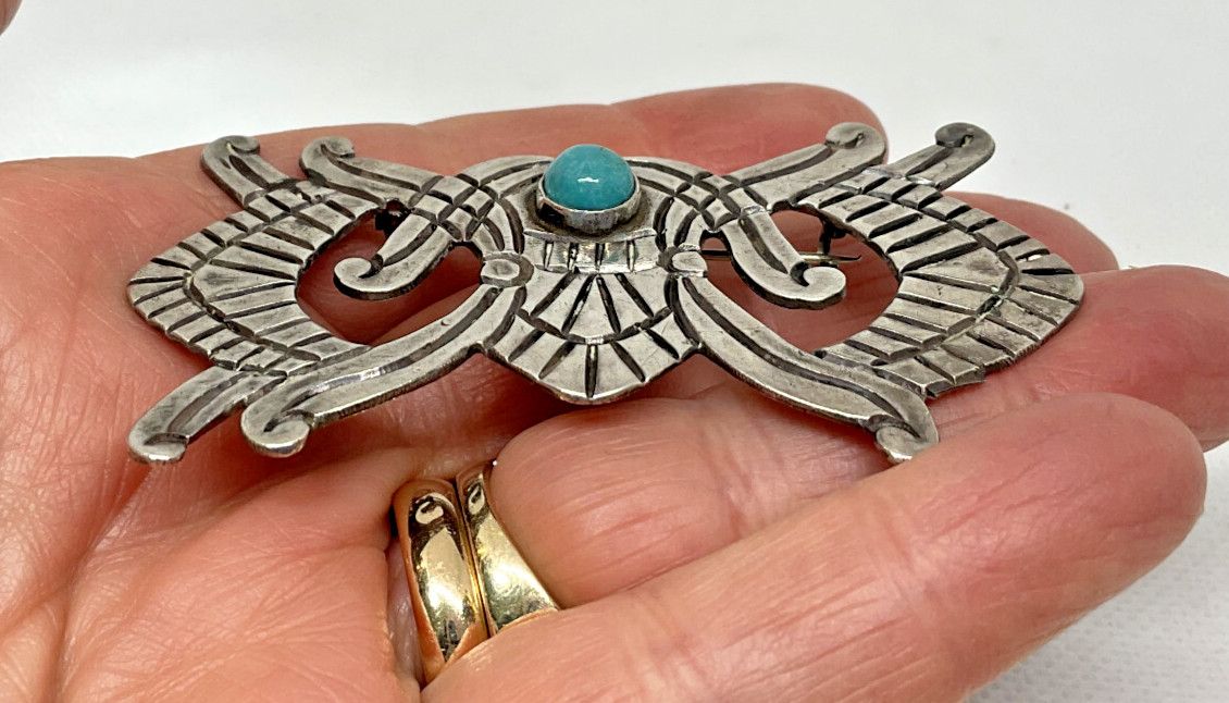Early Hector Aguilar Taxco Mexican 980 Silver Turquoise Pin Signed 1940’s