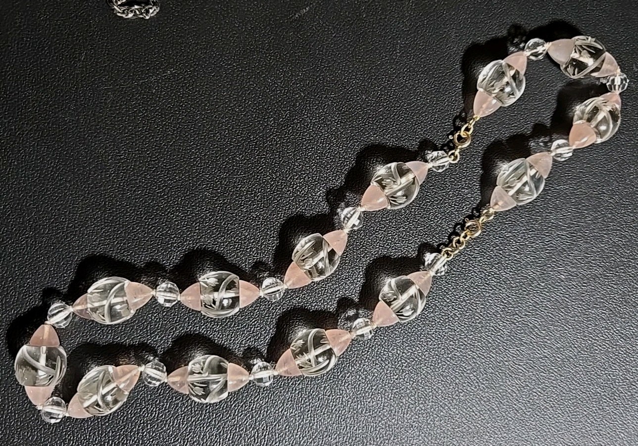 Rare Vintage Necklace Carved Rock Crystal & Pink Quartz 14K Floral Tulip Etched